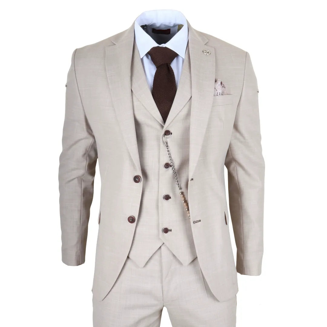 Beige suit with a brown tie and pocket square on a white background