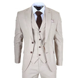 Beige suit with a brown tie and pocket square on a white background