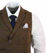 Mens Double Breasted Herringbone Tweed Peaky Blinders Vintage Check Waistcoat Tan Brown