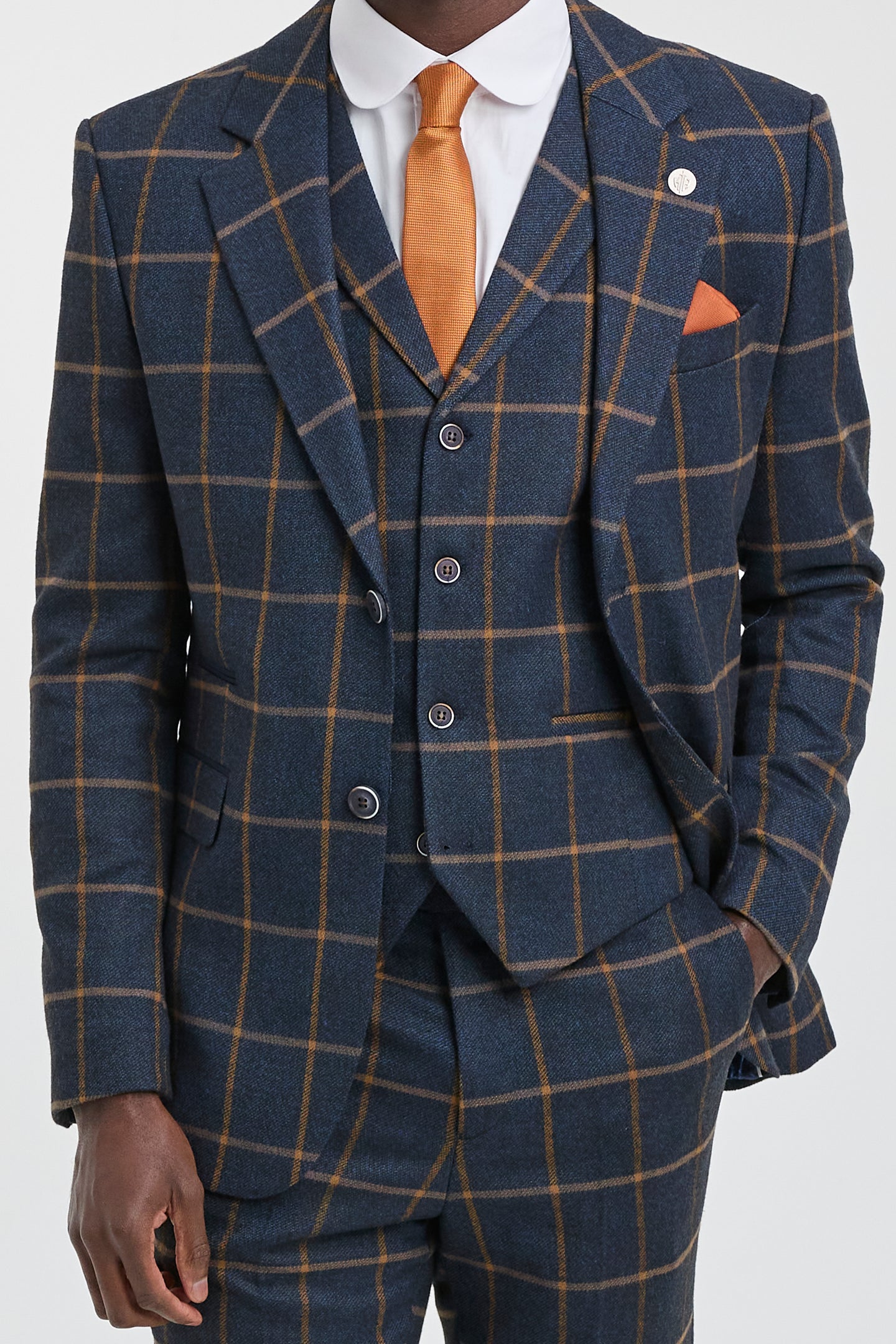 Mens Herringbone Tweed Check 3 Piece Wool Suit 1920s Vintage - Navy Blue