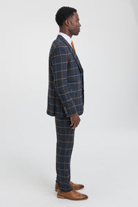 Mens Herringbone Tweed Check 3 Piece Wool Suit 1920s Vintage - Navy Blue