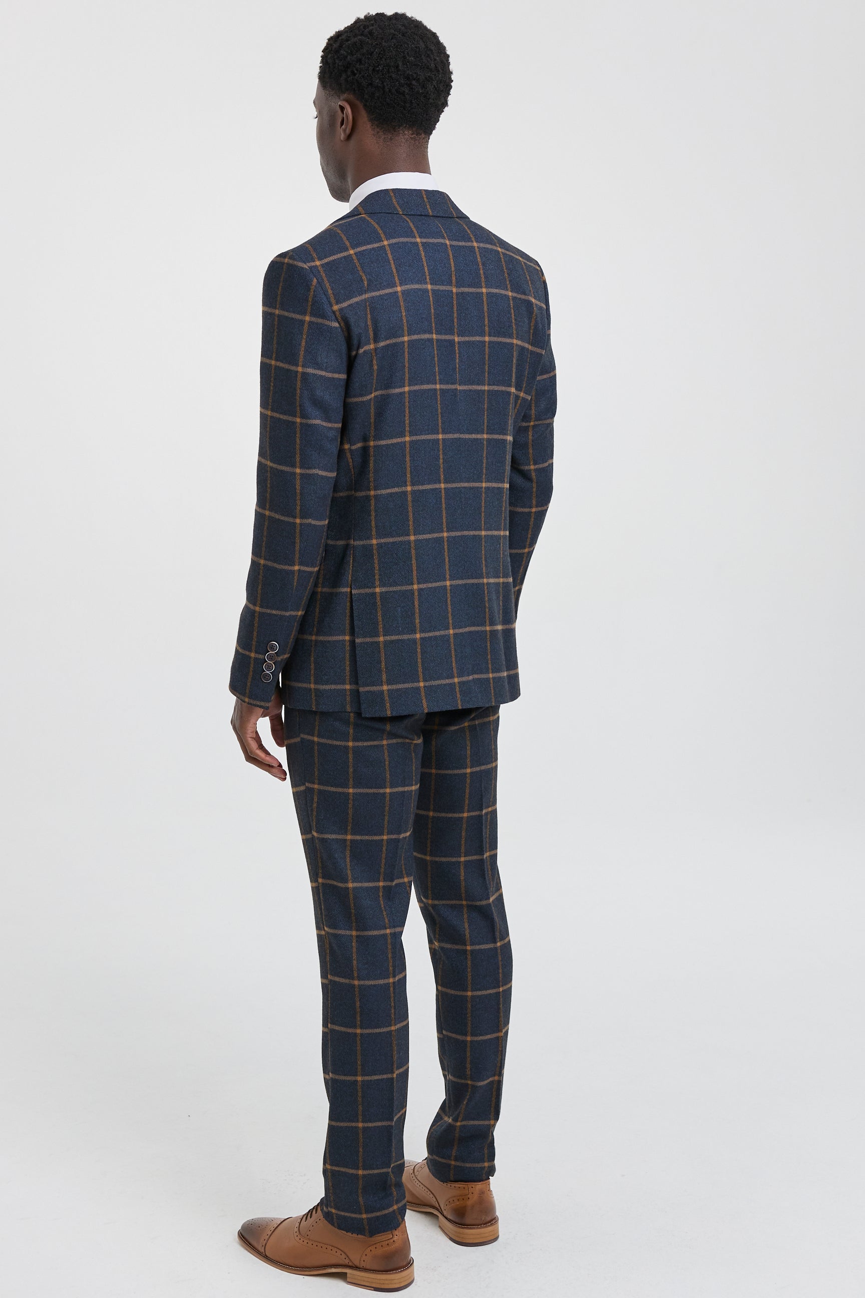 Mens Herringbone Tweed Check 3 Piece Wool Suit 1920s Vintage - Navy Blue
