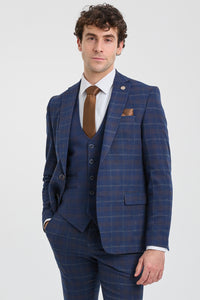 Mens Navy-Blue Check 3 Piece Suit - Paul Andrew Kenneth