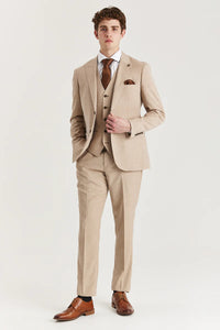 Mens Beige 3 Piece Tweed Check Suit