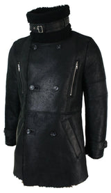 Mens Black 3/4 Military Real Sherling Sheepskin Batman Bane Double Breasted