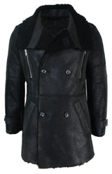 Mens Black 3/4 Military Real Sherling Sheepskin Batman Bane Double Breasted