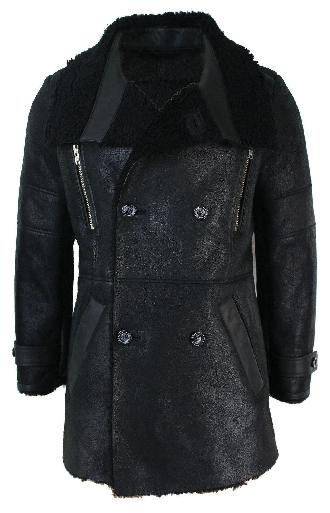 Mens Black 3/4 Military Real Sherling Sheepskin Batman Bane Double Breasted