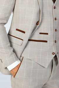 Leo - Men's Beige 3 Piece Checked Tailored Fit Suit