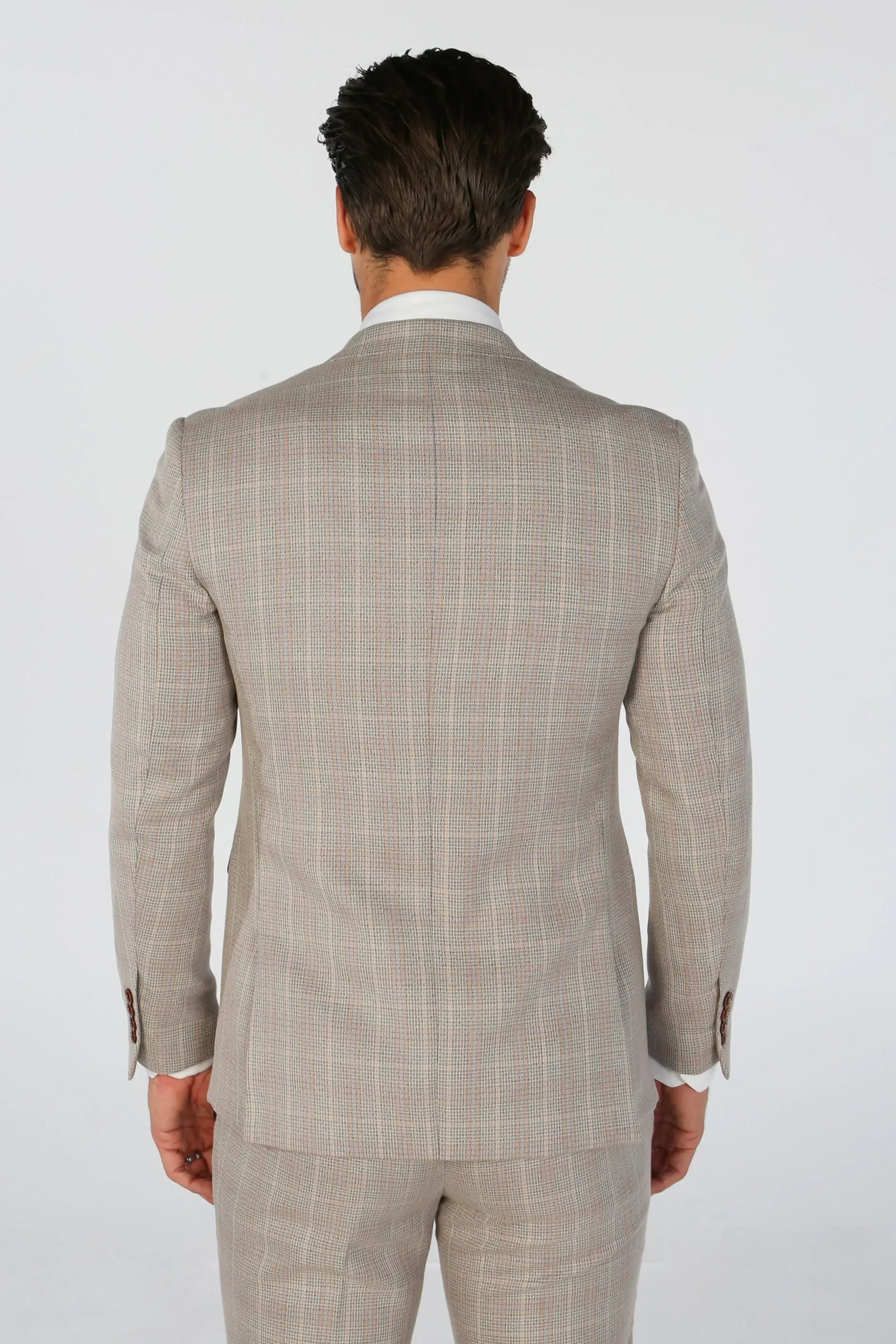 Leo - Men's Beige 3 Piece Checked Tailored Fit Suit