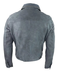 Mens Genuine Suede Jacket Leather Jeans Denim Short Mens Biker Classic Vintage Grey