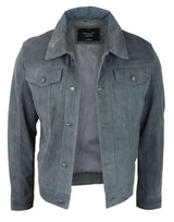 Mens Genuine Suede Jacket Leather Jeans Denim Short Mens Biker Classic Vintage Grey