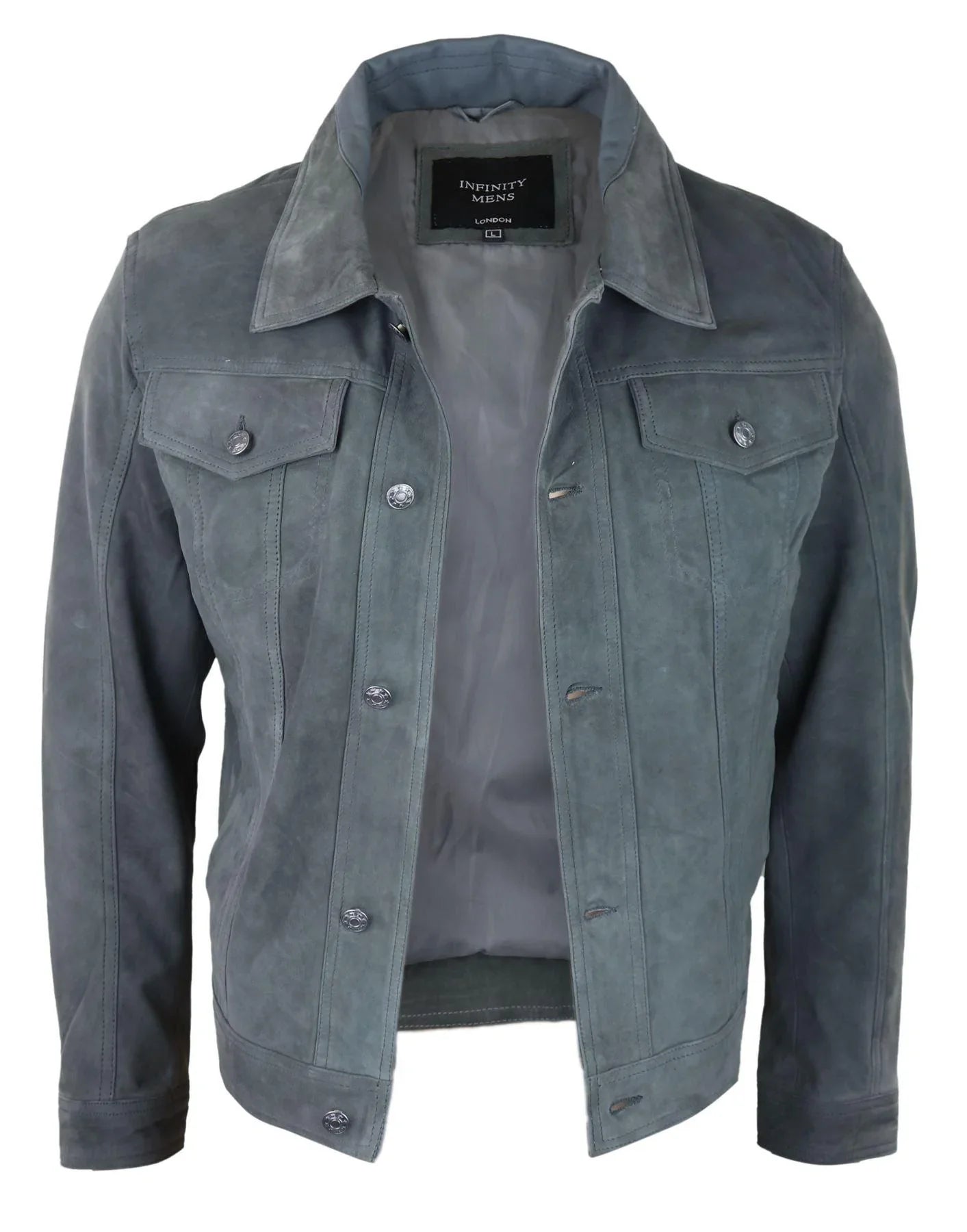 Mens Genuine Suede Jacket Leather Jeans Denim Short Mens Biker Classic Vintage Grey