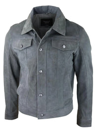 Mens Genuine Suede Jacket Leather Jeans Denim Short Mens Biker Classic Vintage Grey