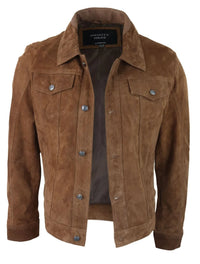 Mens Genuine Suede Jacket Leather Jeans Denim Short Mens Biker Classic Vintage Tan