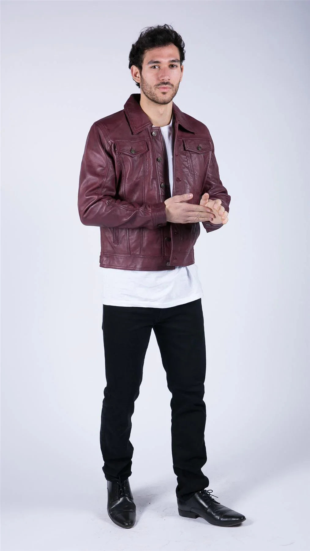 Mens Real Leather Shirt Jacket Burgundy Wine Retro Jeans Style Brando Classic