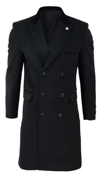 Mens 3/4 Long Double Breasted Black Overcoat