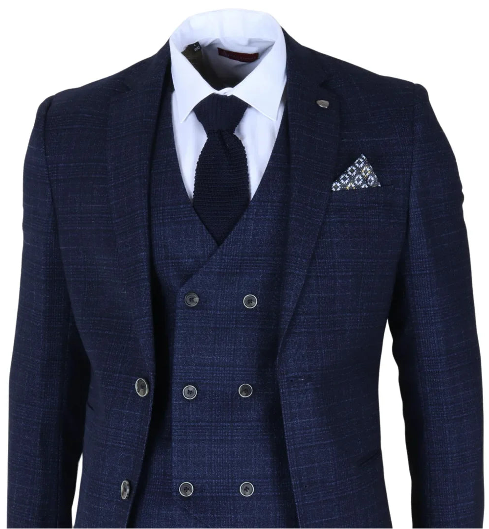 Luis - Men's Blue Plaid Check Slim Fit 3 Piece Suit