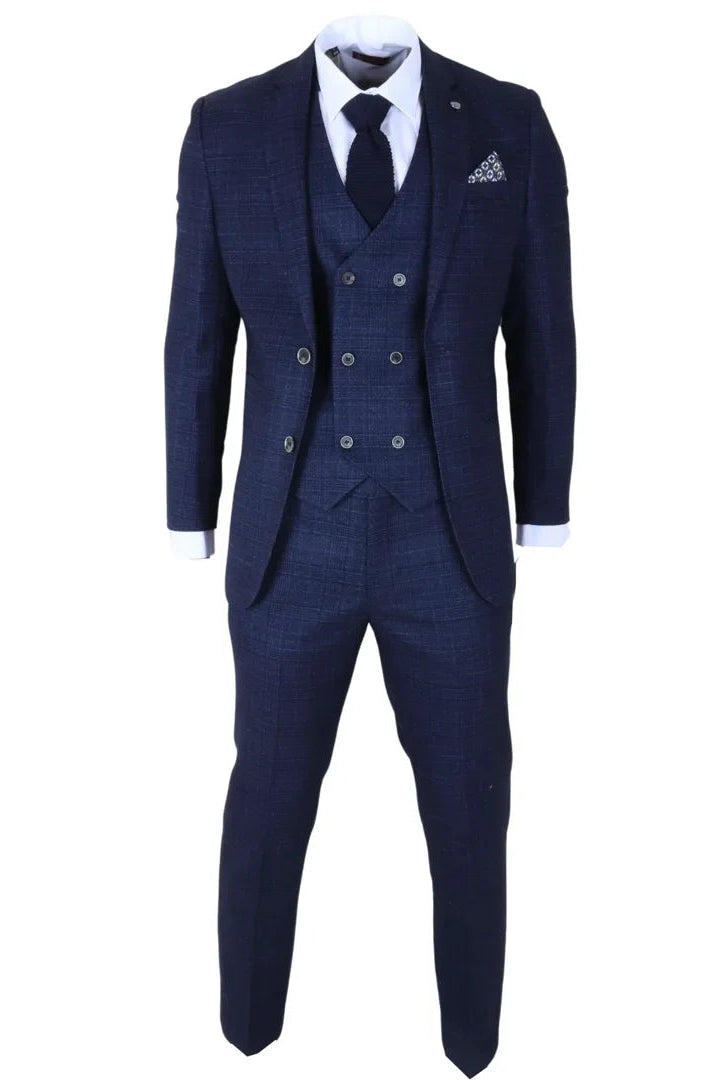 Luis - Men's Blue Plaid Check Slim Fit 3 Piece Suit