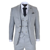 Gray checkered suit with white shirt, black tie, and pocket square on a white background