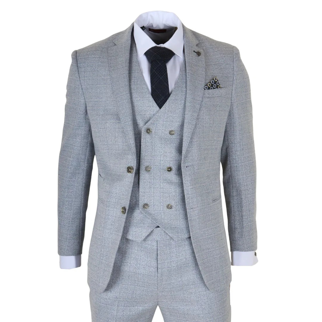 Gray checkered suit with white shirt, black tie, and pocket square on a white background