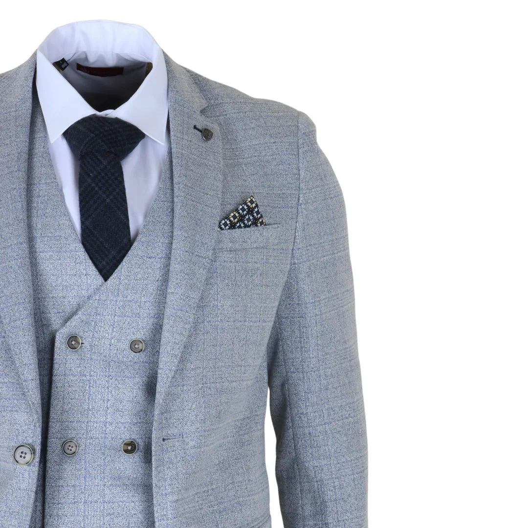 Luis - Men's Light Blue Plaid Check Slim Fit 3 Piece Suit