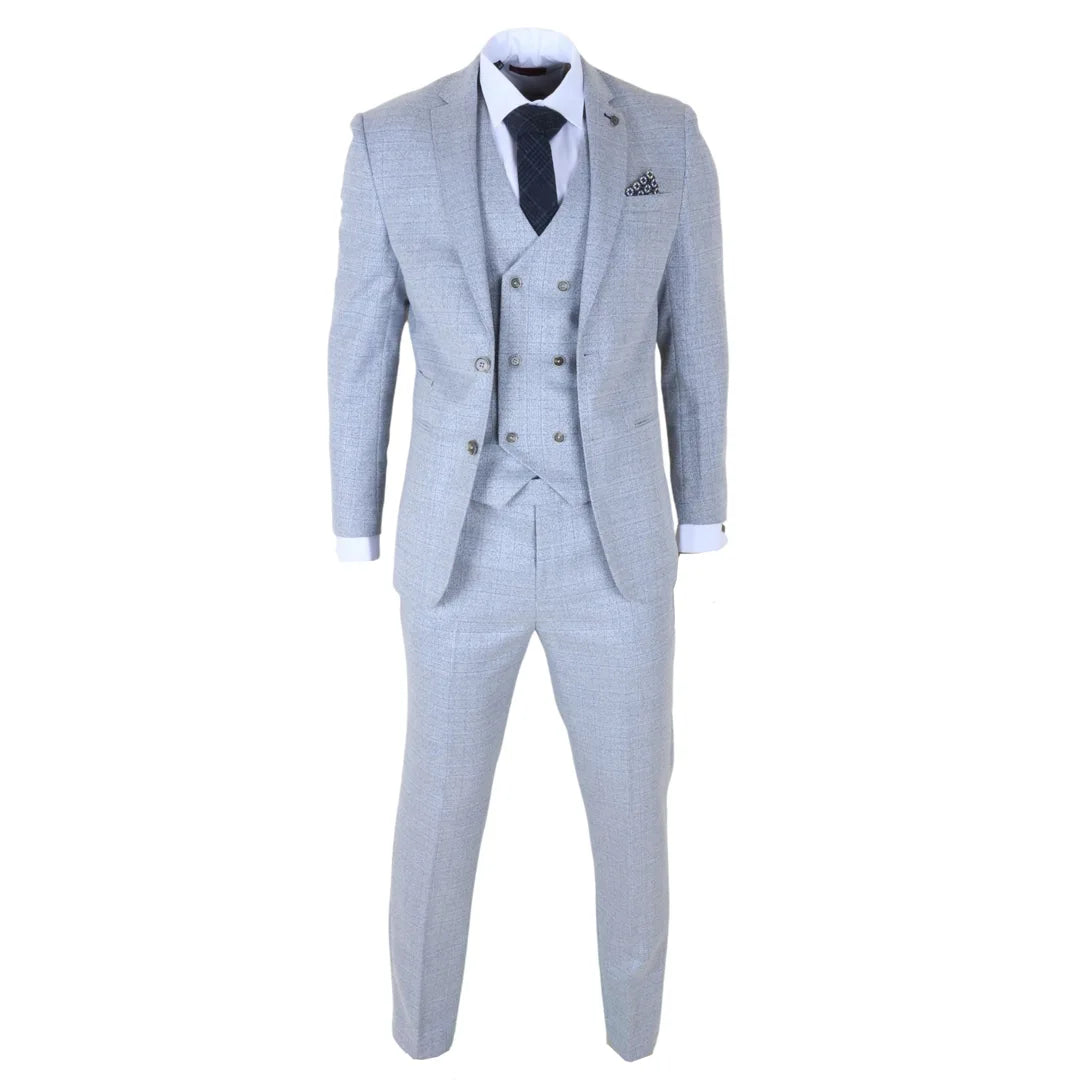 Luis - Men's Light Blue Plaid Check Slim Fit 3 Piece Suit
