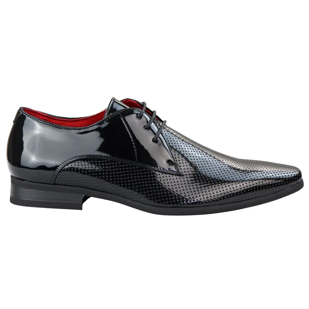Mens Shoes Smart Formal Perforated Pointed Laced Black Patent Leather PU