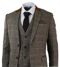 Mens Check Vintage Herringbone Tweed Tan 3 Piece Suit Slim Fit Wedding