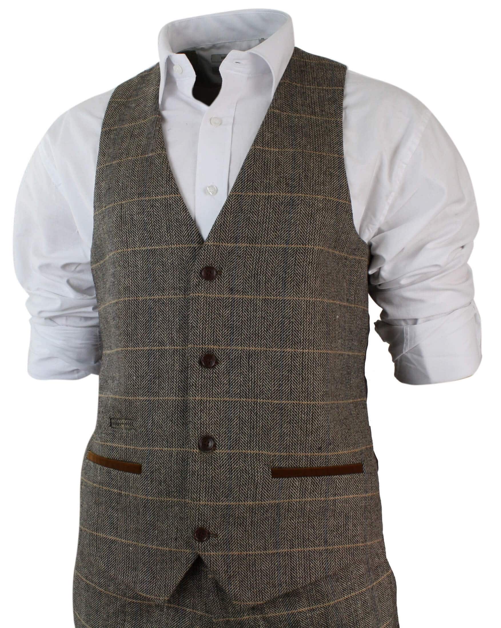 Mens Check Vintage Herringbone Tweed Tan 3 Piece Suit Slim Fit Wedding