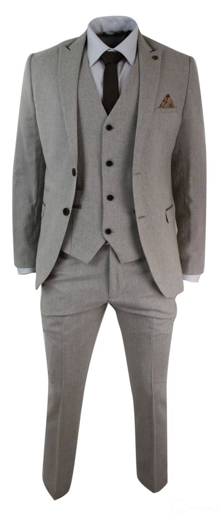Mens Herringbone Tweed 3 Piece Suit Velvet Trim Classic Vintage Slim Fit Beige