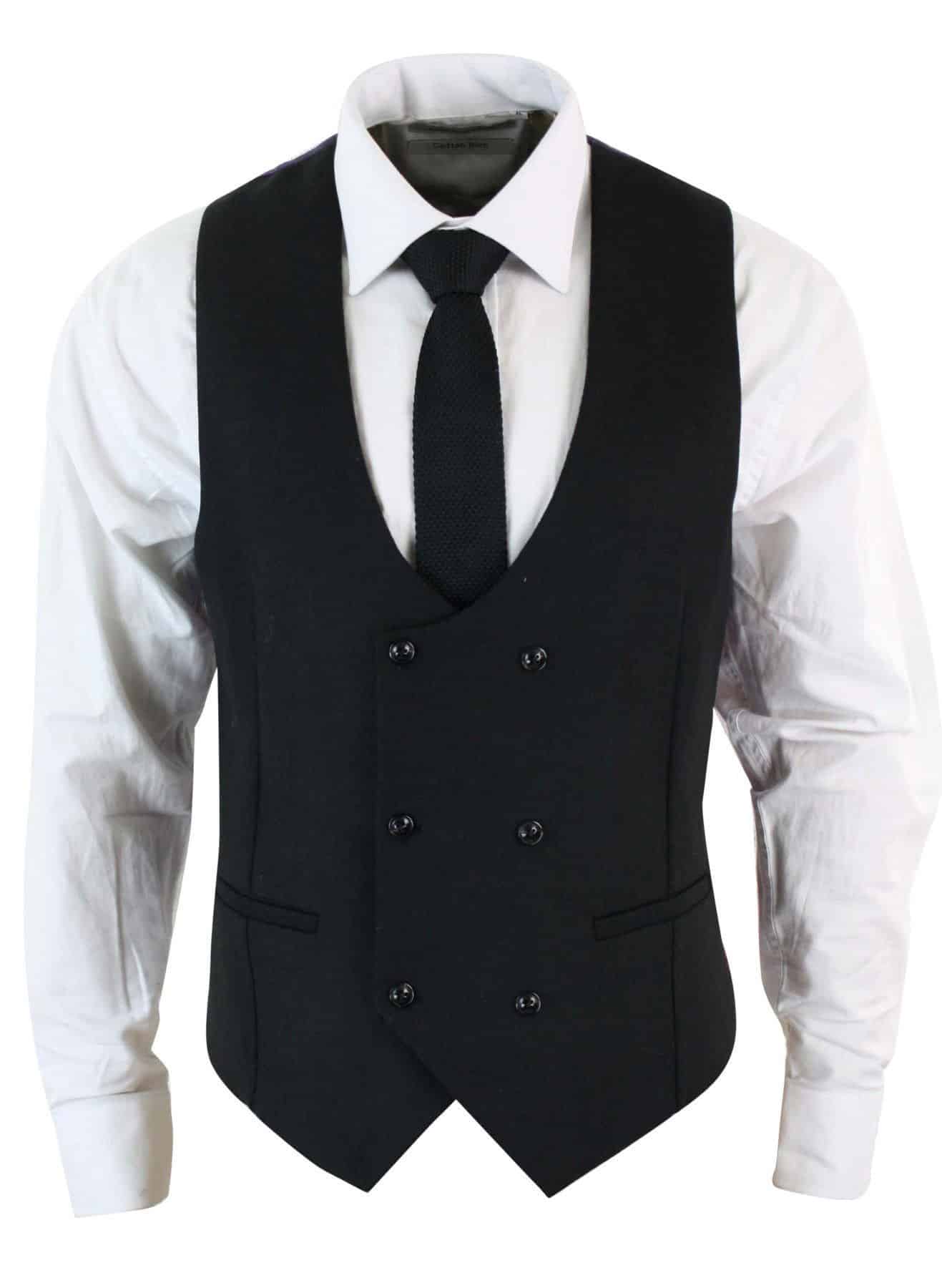 Mens Double Breasted Felt Tweed Vintage Retro Classic Waistcoat Slim Fit Herringbone-Melton DBC Black