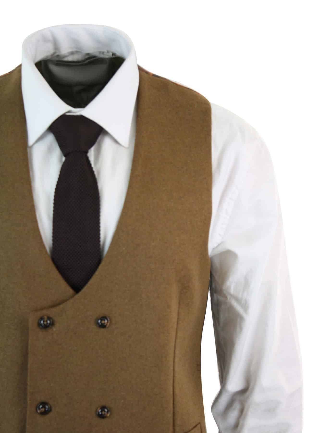 Mens Double Breasted Felt Tweed Vintage Retro Classic Waistcoat Slim Fit Herringbone-Melton DBC Tan