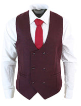 Mens Double Breasted Felt Tweed Vintage Retro Classic Waistcoat Slim Fit Herringbone-Melton DBC Wine