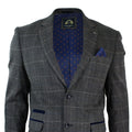 Mens Grey Check Herringbone Tweed Vintage Fit Blazer Jacket Blue Velvet Trim-Grey