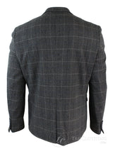 Mens Grey Check Herringbone Tweed Vintage Fit Blazer Jacket Blue Velvet Trim-Grey