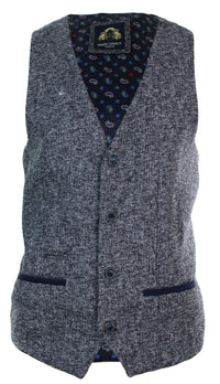 Mens Grey Blue Herringbone Tweed Slim Fit Chunky Waistcoat Blazer Smart Casual