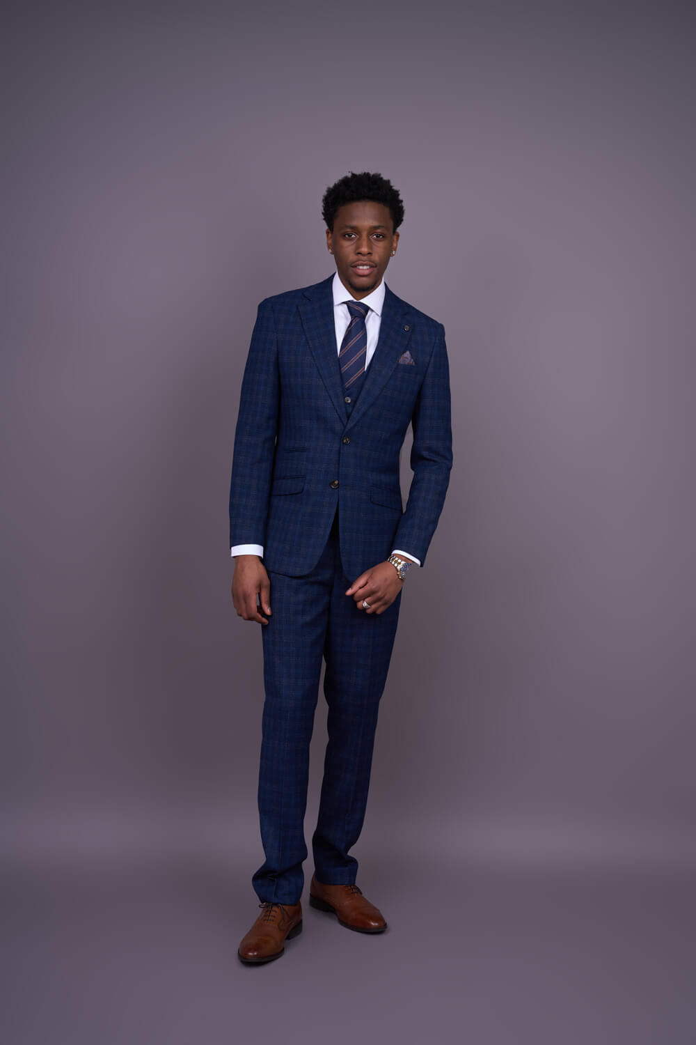 Marcos - Men's Navy Blue Plaid Check Slim Fit 3 Piece Suit