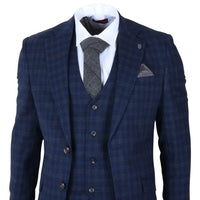 Marcos - Men's Navy Blue Plaid Check Slim Fit 3 Piece Suit