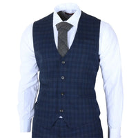 Marcos - Men's Navy Blue Plaid Check Slim Fit 3 Piece Suit
