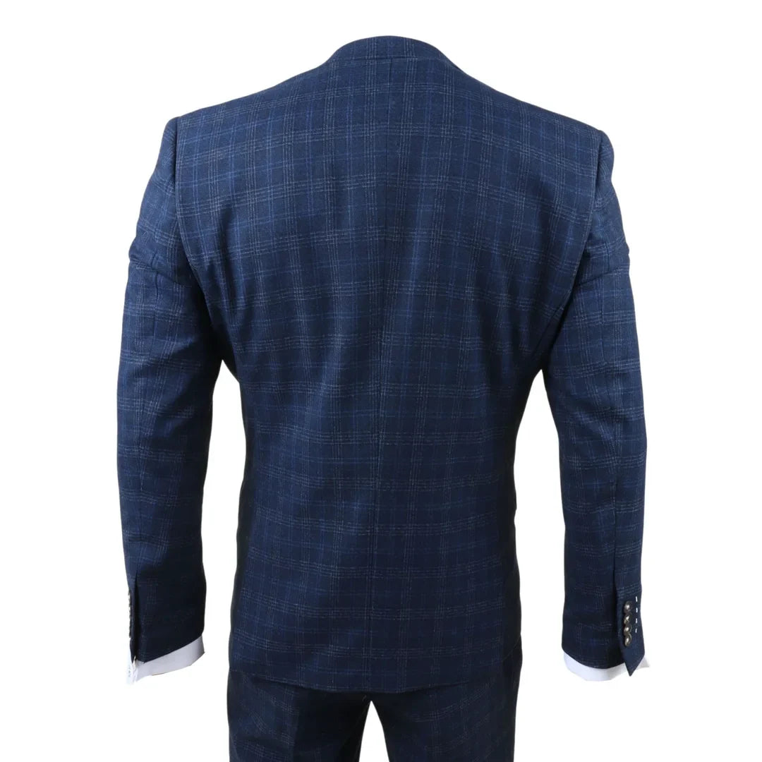 Marcos - Men's Navy Blue Plaid Check Slim Fit 3 Piece Suit