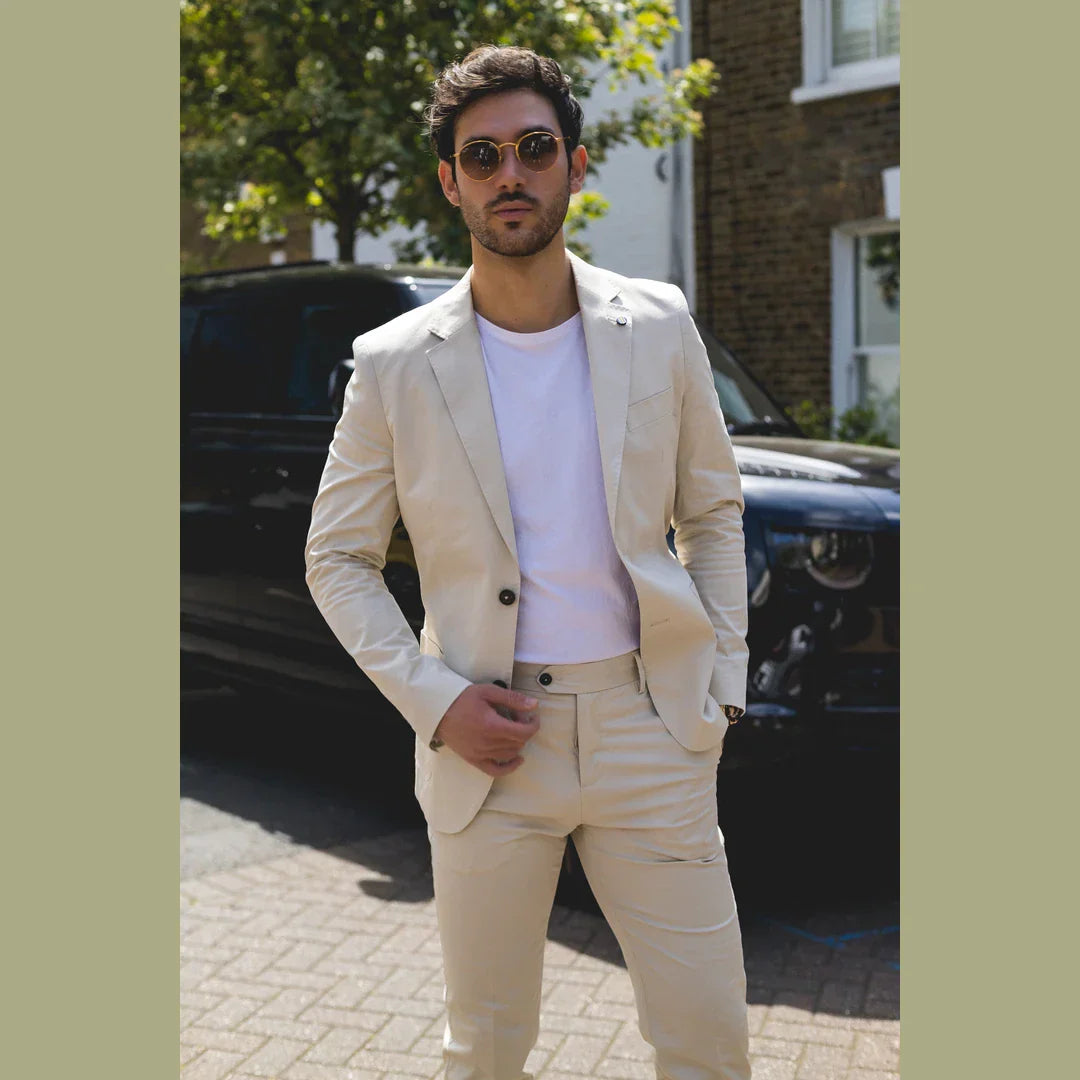 Mario - Men's 2 Piece Summer Suit Beige Office Wedding Classic Italian