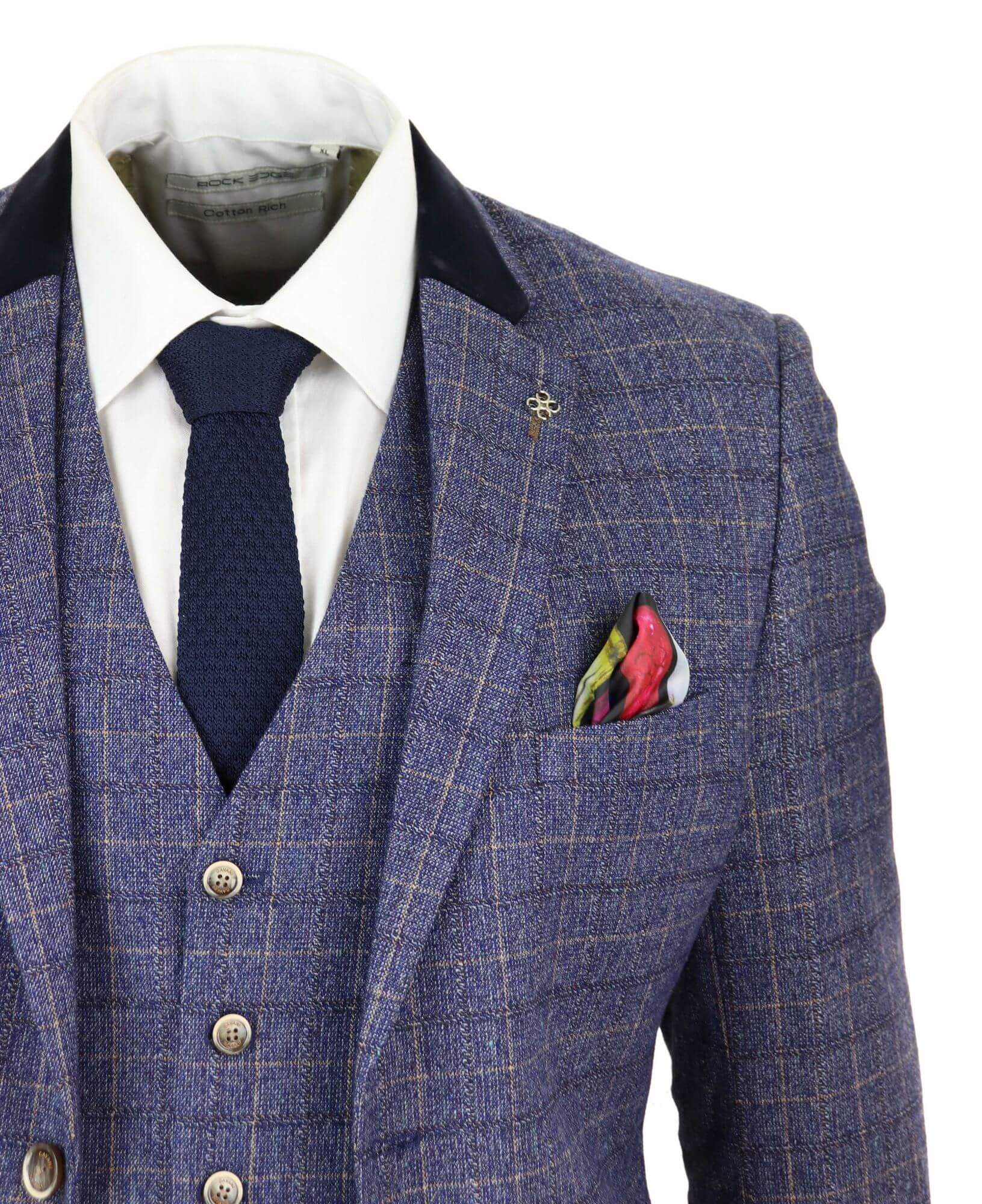 Mens Blue Check 3 Piece Suit - Cavani Matteo