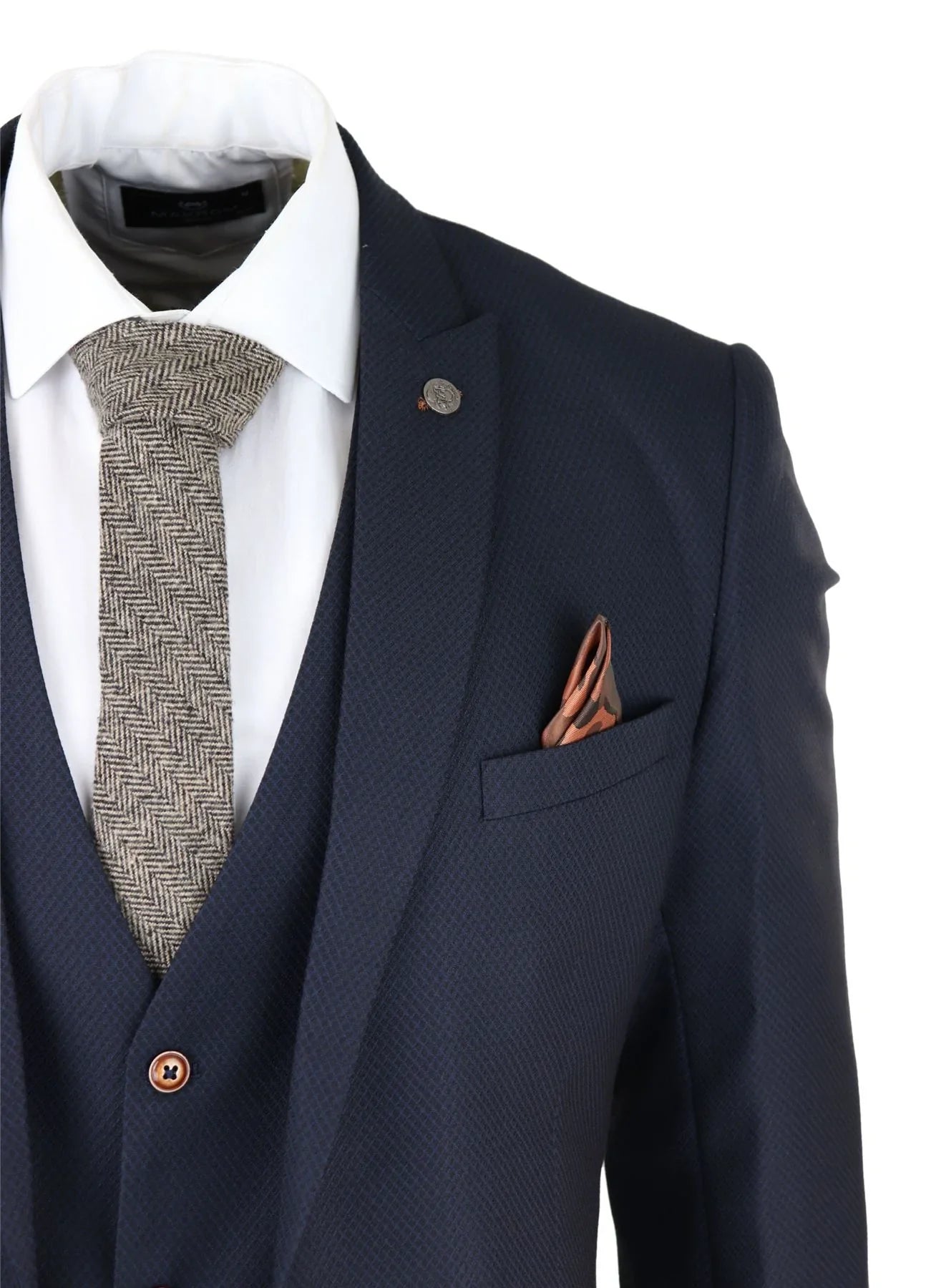 Mens 3 Piece Birdseye Navy Blue Suit Slim Fit Marc Darcy Max Classic 1920s Vintage