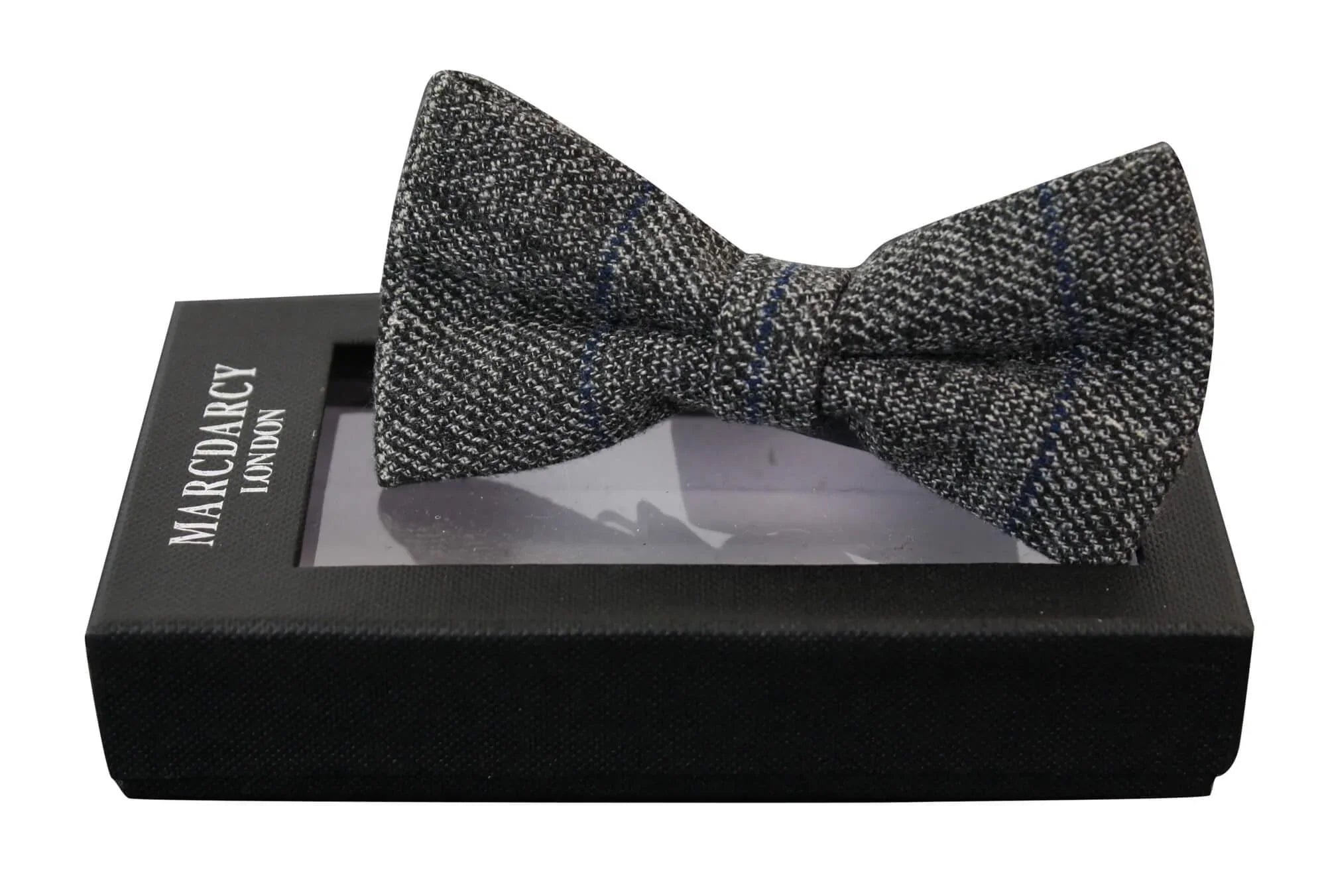 Mens Tweed Grey Herringbone Textured Marc Darcy Bow Ties Vintage Retro