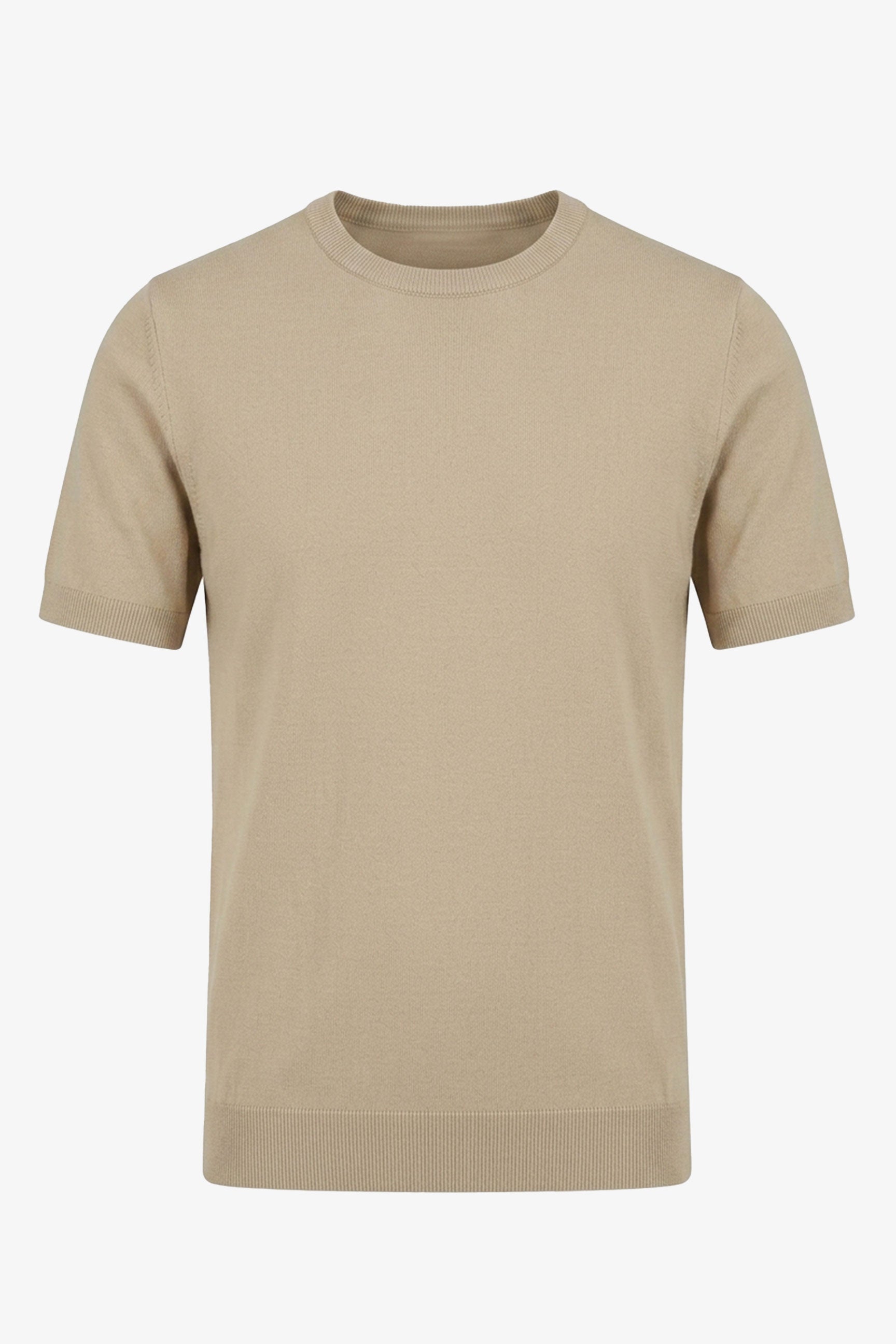Men’s Beige Knitted T Shirt Regular Fit Crew Neck Short Sleeve Top