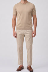 Men’s Beige Knitted T Shirt Regular Fit Crew Neck Short Sleeve Top
