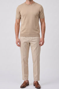 Men’s Beige Knitted T Shirt Regular Fit Crew Neck Short Sleeve Top