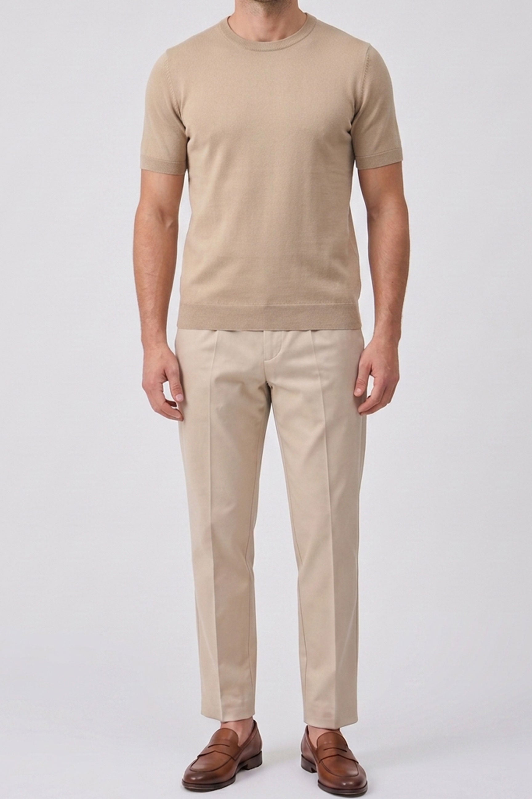 Men’s Beige Knitted T Shirt Regular Fit Crew Neck Short Sleeve Top