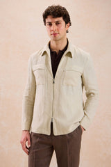 Men’s Beige Zip Linen Jacket & Brown Trousers Set Smart Casual Summer Outfit