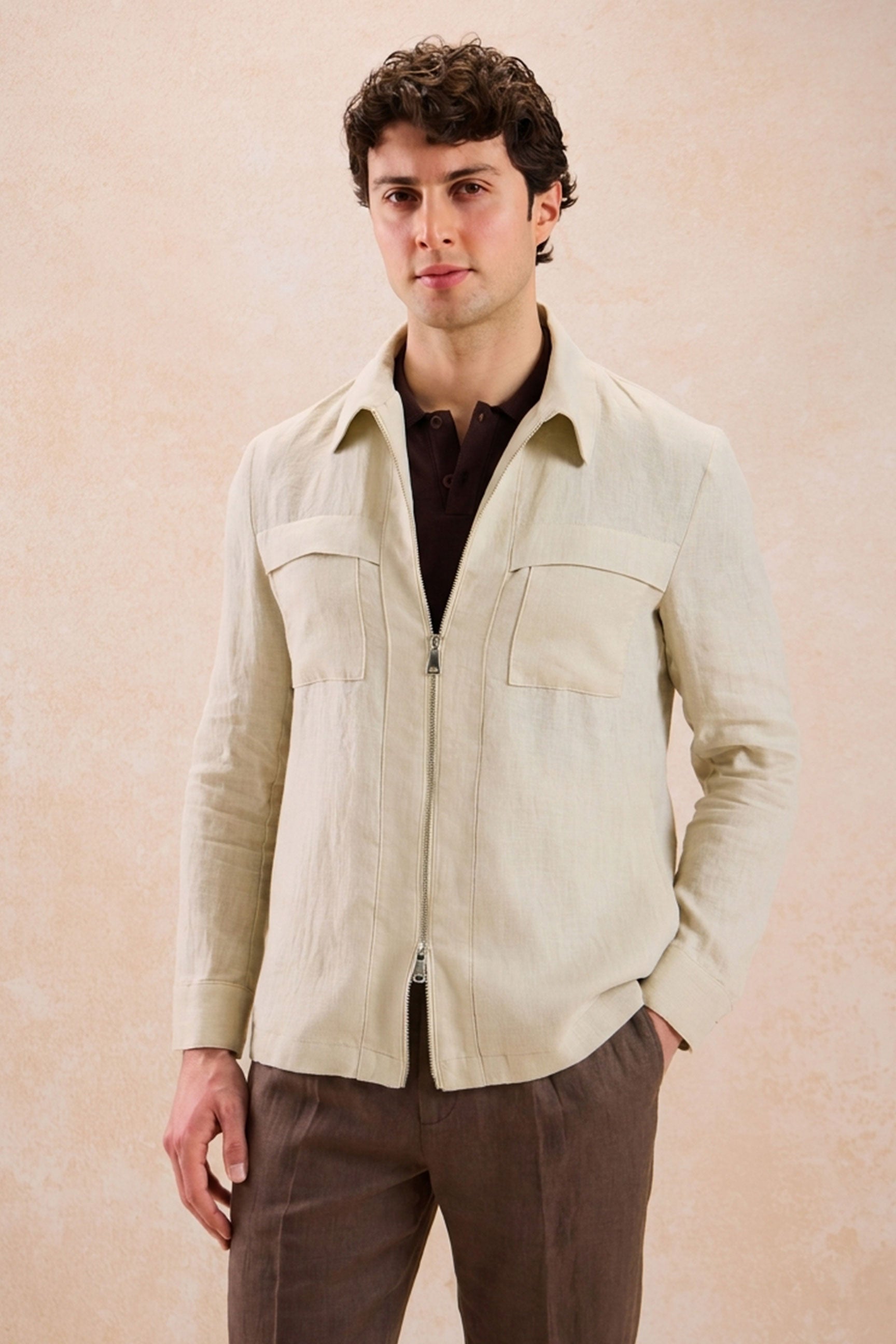 Men’s Beige Zip Linen Jacket & Brown Trousers Set Smart Casual Summer Outfit